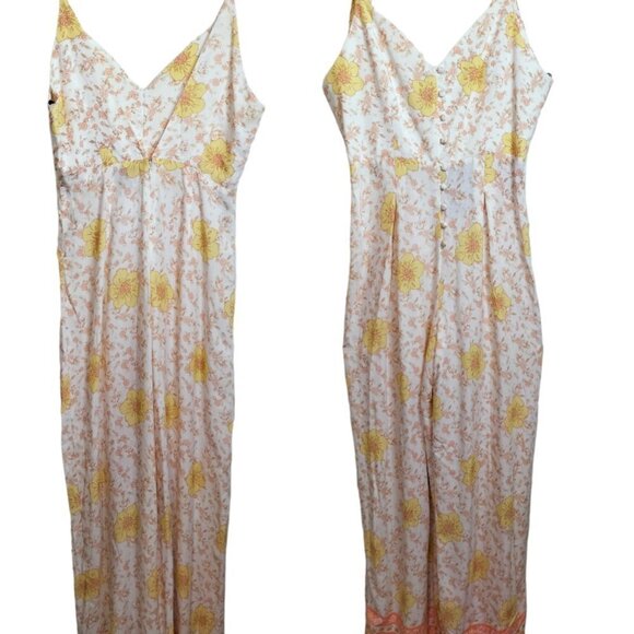 (659) Forever 21 Ivory Multicolor Floral Print Wide Leg Jumpsuit Size S - Picture 2 of 6